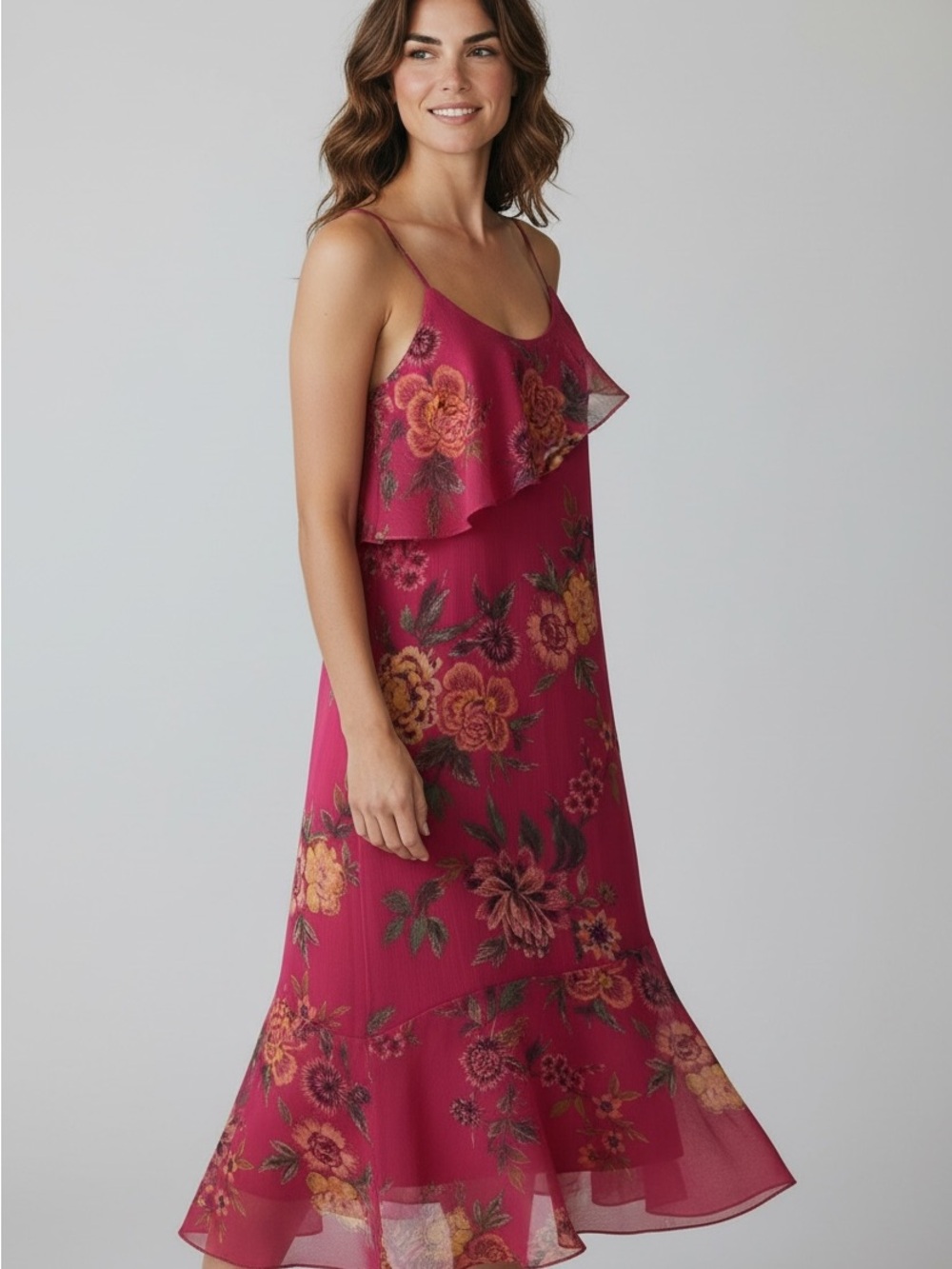 Xhilaration Pink Floral Midi Dress with Ruffle Overlay